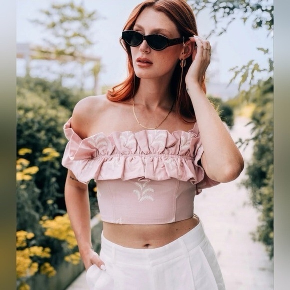 Zara Pink Ruffled Crop Top embroidered off the shoulder pink and cream top